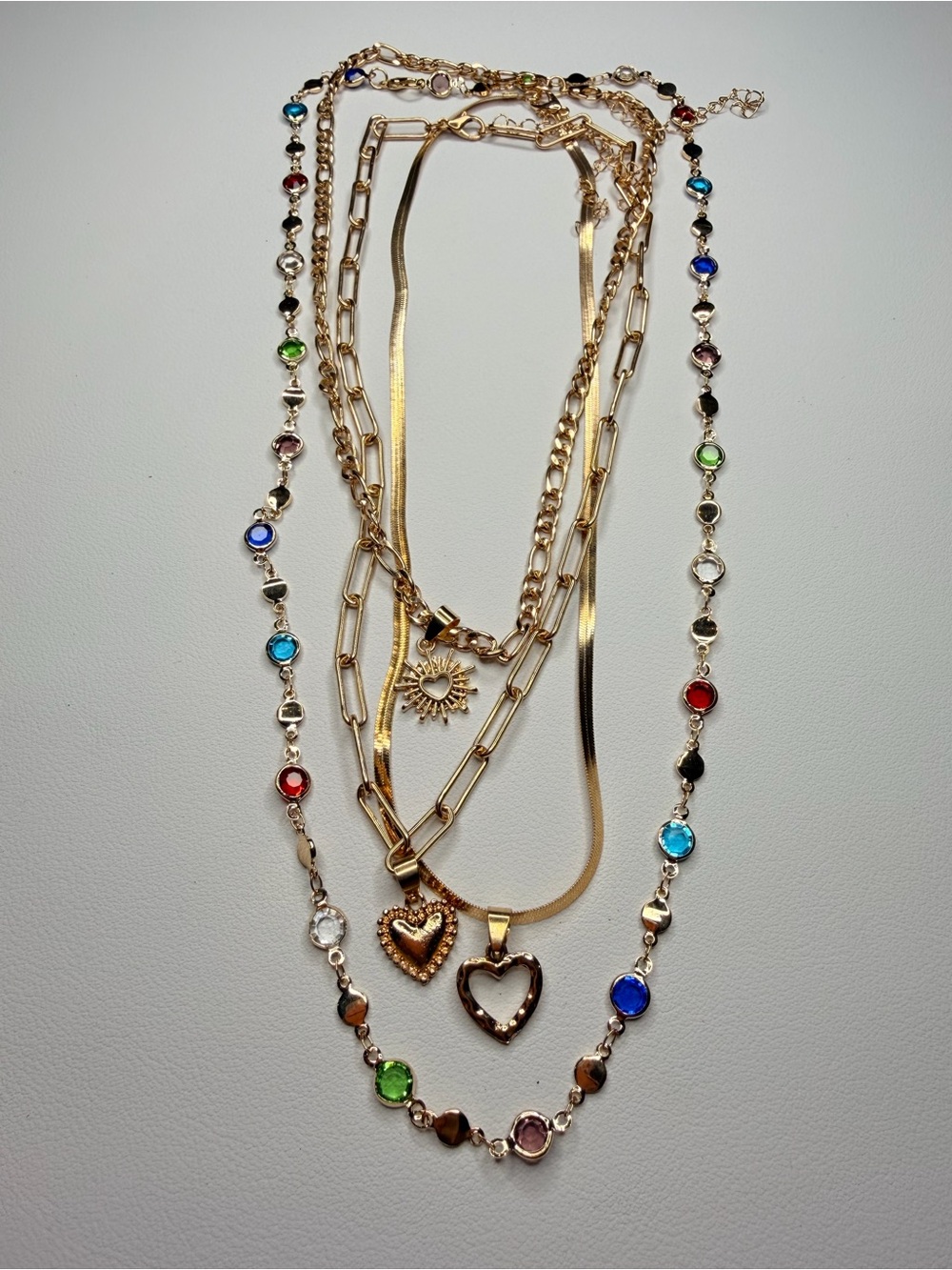 Gold Layered Heart & Sun Necklace with Multicolor Stones - Picture 9 of 10